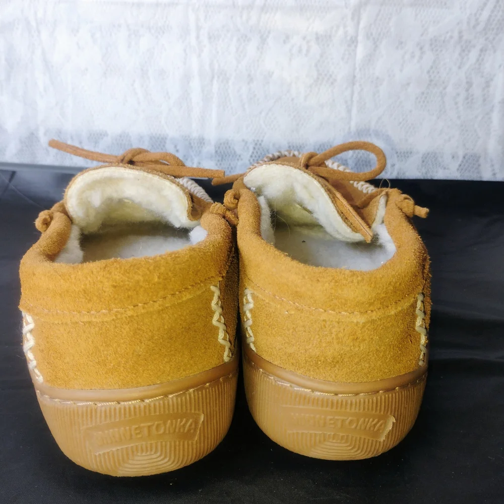 Minnetonka Brown Suede Moccasins with White Trim